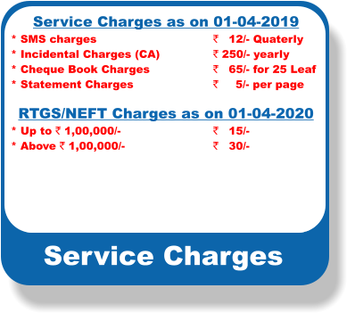 Service Charges Service Charges as on 01-04-2019 * SMS charges	 			`   12/- Quaterly * Incidental Charges (CA)		` 250/- yearly * Cheque Book Charges		`   65/- for 25 Leaf * Statement Charges			`     5/- per page  RTGS/NEFT Charges as on 01-04-2020 * Up to ` 1,00,000/-			`   15/- * Above ` 1,00,000/-			`   30/-